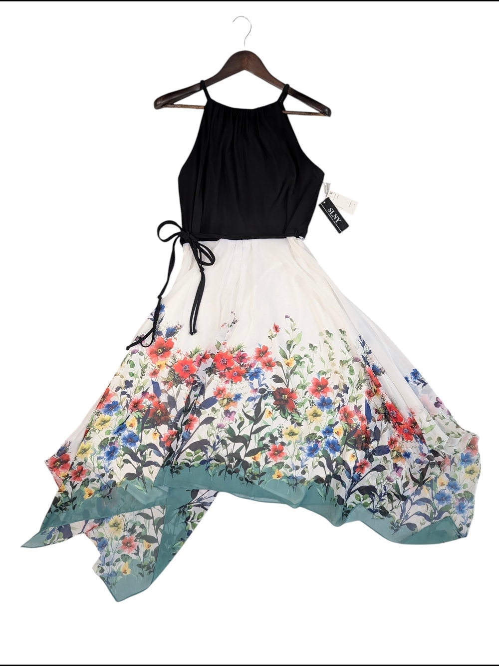 SLNY Black White Asymmetrical Halter Maxi Dress Floral Skirt Tie Waist Sz 8
